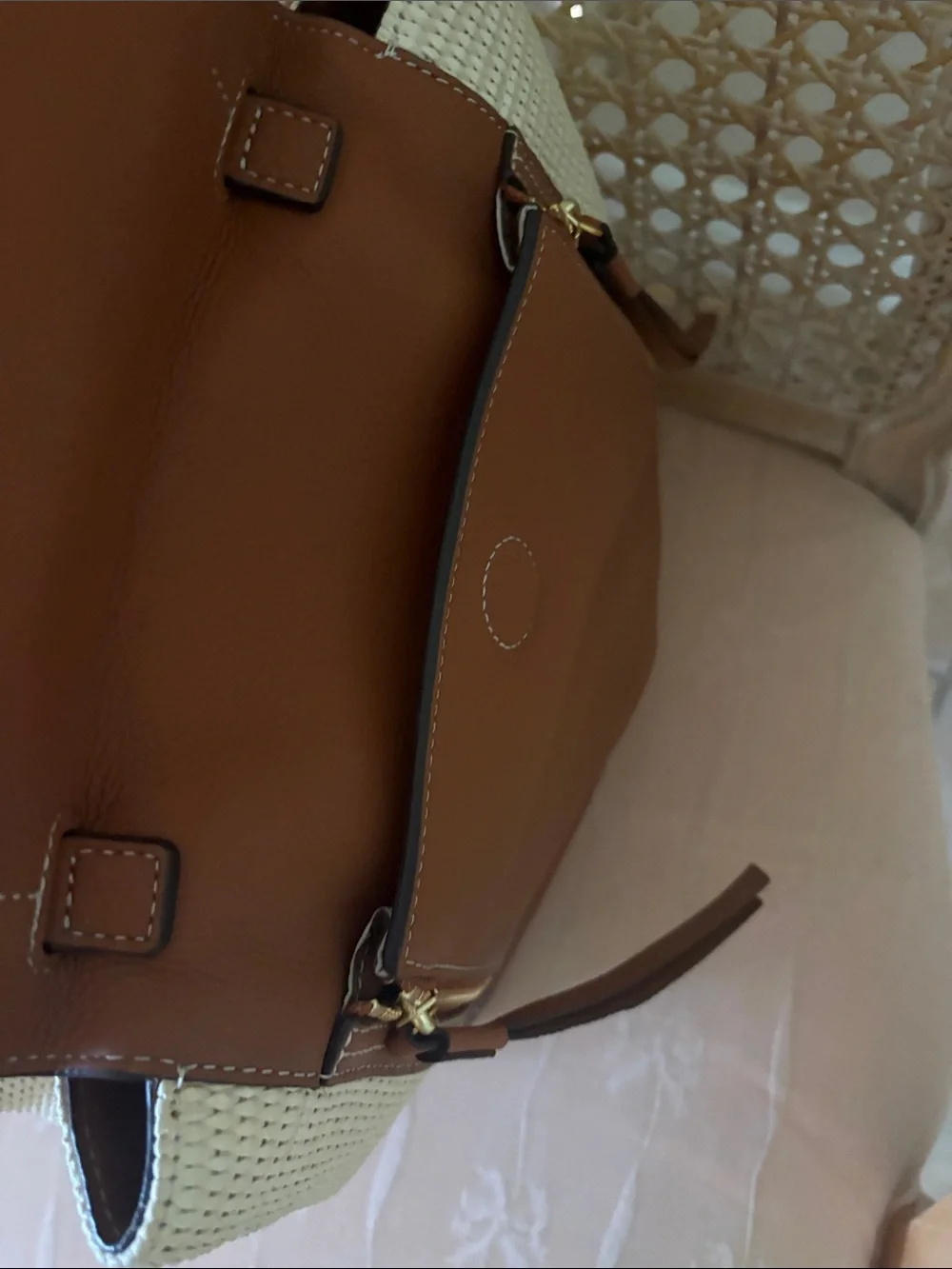 Tory Burch Brown Leather and Cream Woven Tote